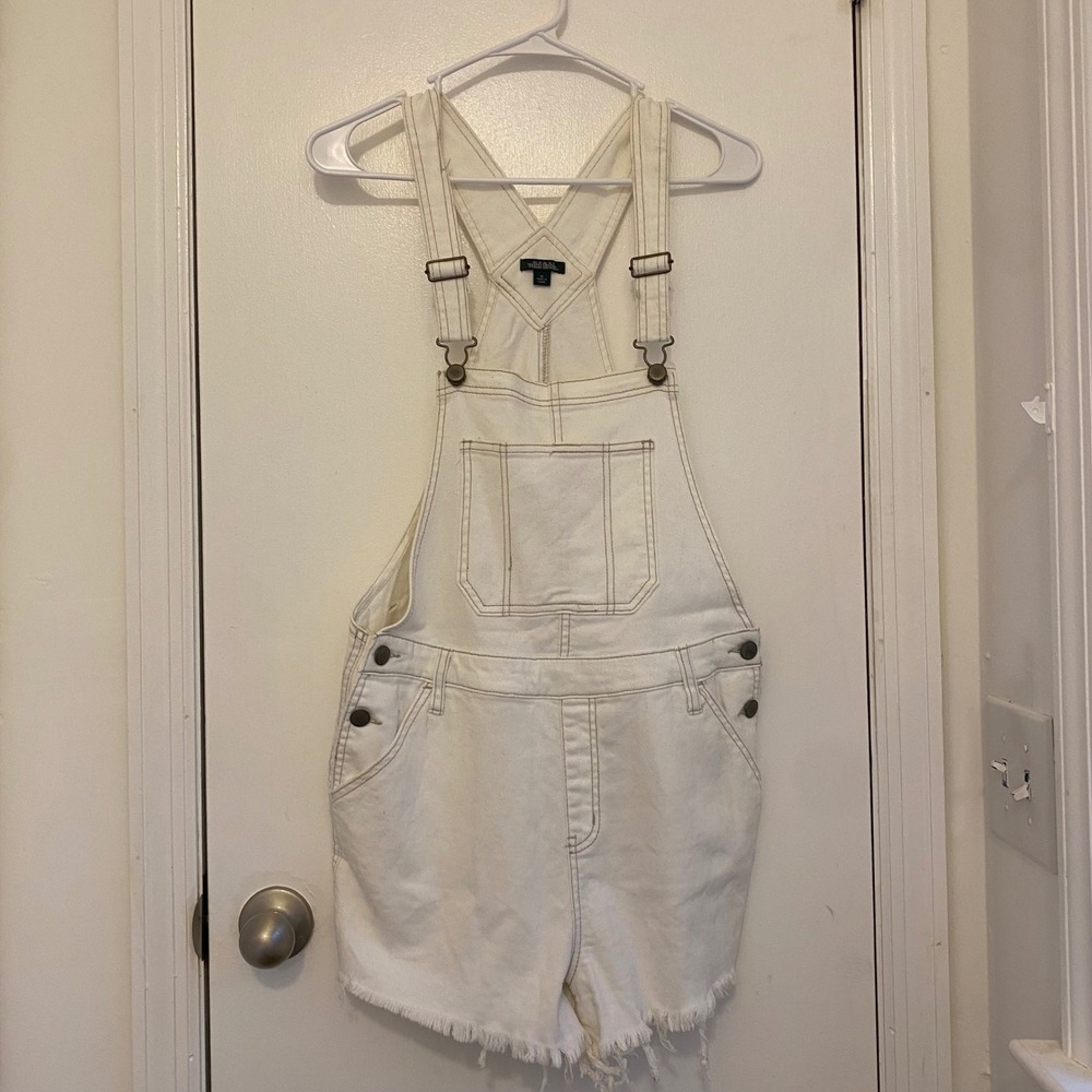 Wild Fable White Denim Overalls Shortalls Frayed Hem Casual Summer M